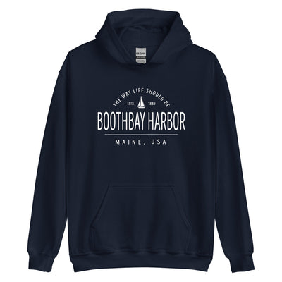 Cute Boothbay Harbor Maine Sweatshirt - Region Icon Hoodie (Moose, Sailboat, or Pine Tree)