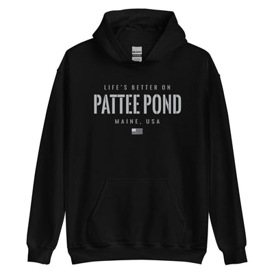 Life is Better at Pattee Pond, Maine Hoodie, Gray on Black Hooded Sweatshirt for Men & Women
