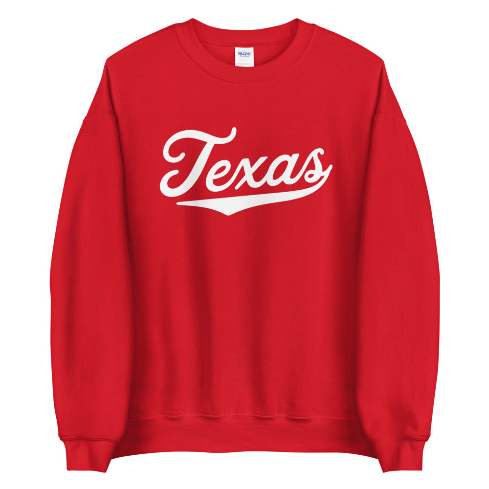 Super Comfy Red Women's Texas Sweatshirt Crew Neck | TX Texas Baseball Script Logo
