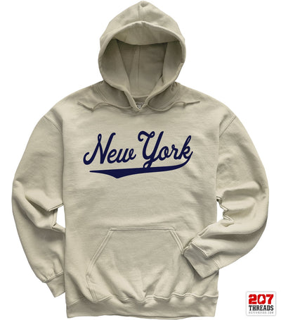 New York Hoodie, Baseball Script NYC Pullover Hooded Sweatshirt