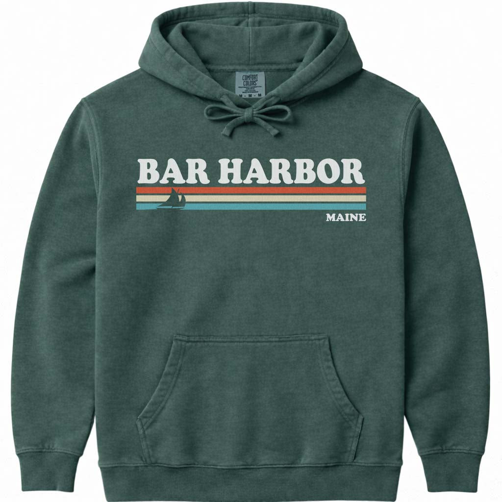 80's Retro Stripes Vintage Bar Harbor Maine Hoodie - Blue Spruce