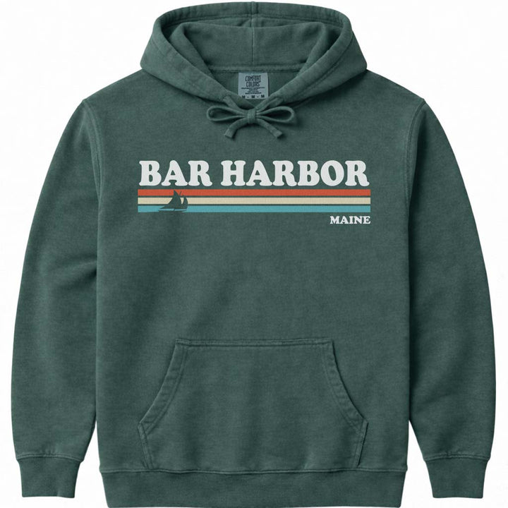 80's Retro Stripes Vintage Bar Harbor Maine Hoodie - Blue Spruce