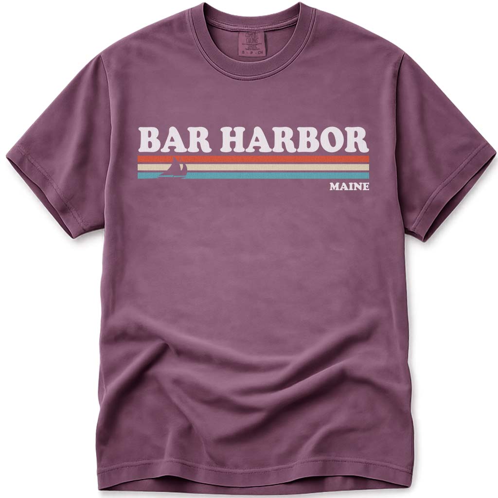 80s Retro Stripes Vintage Bar Harbor Maine T Shirt - Berry