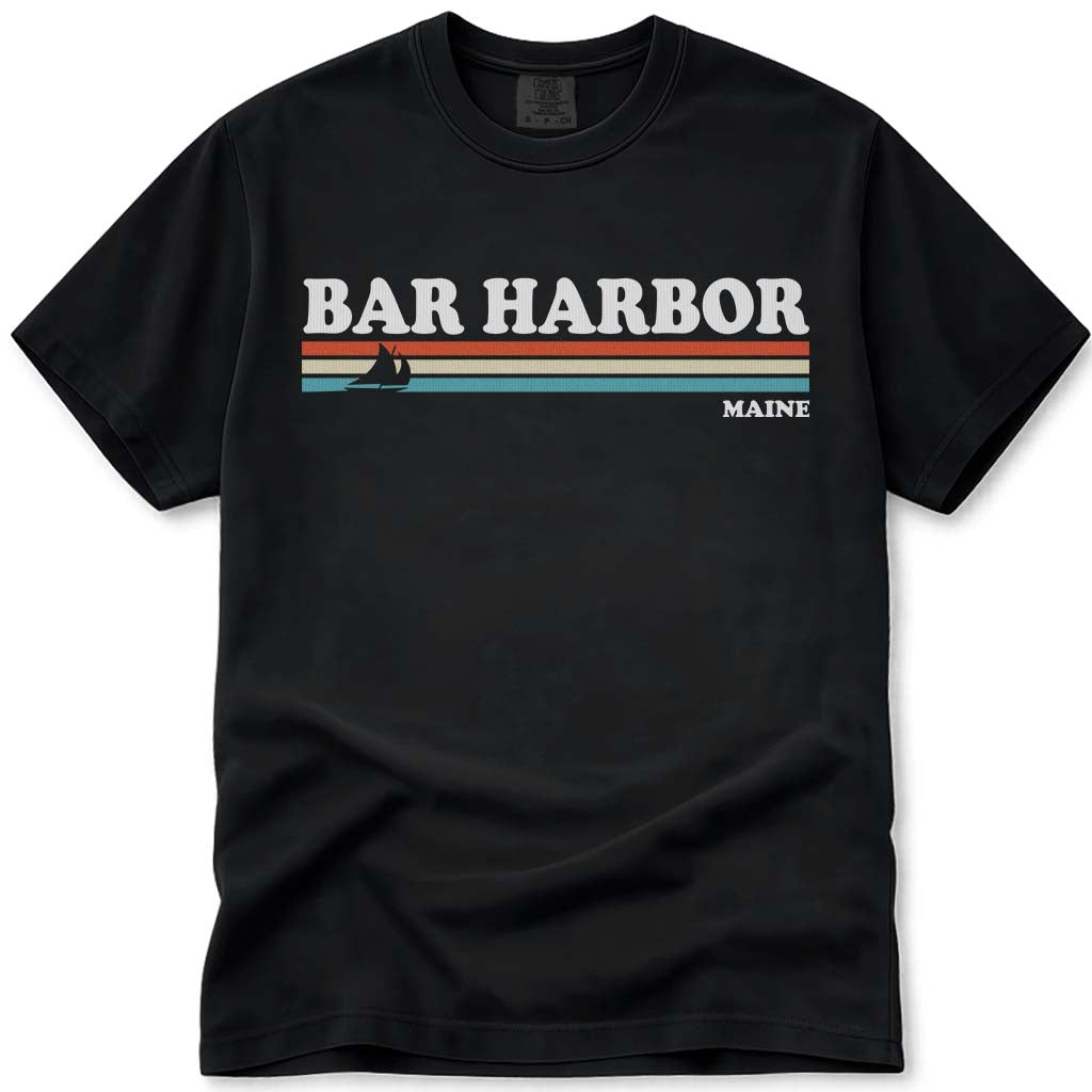 80s Retro Stripes Vintage Bar Harbor Maine T Shirt - Black