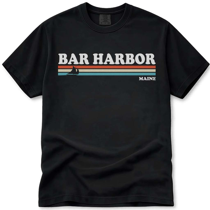 80s Retro Stripes Vintage Bar Harbor Maine T Shirt - Black