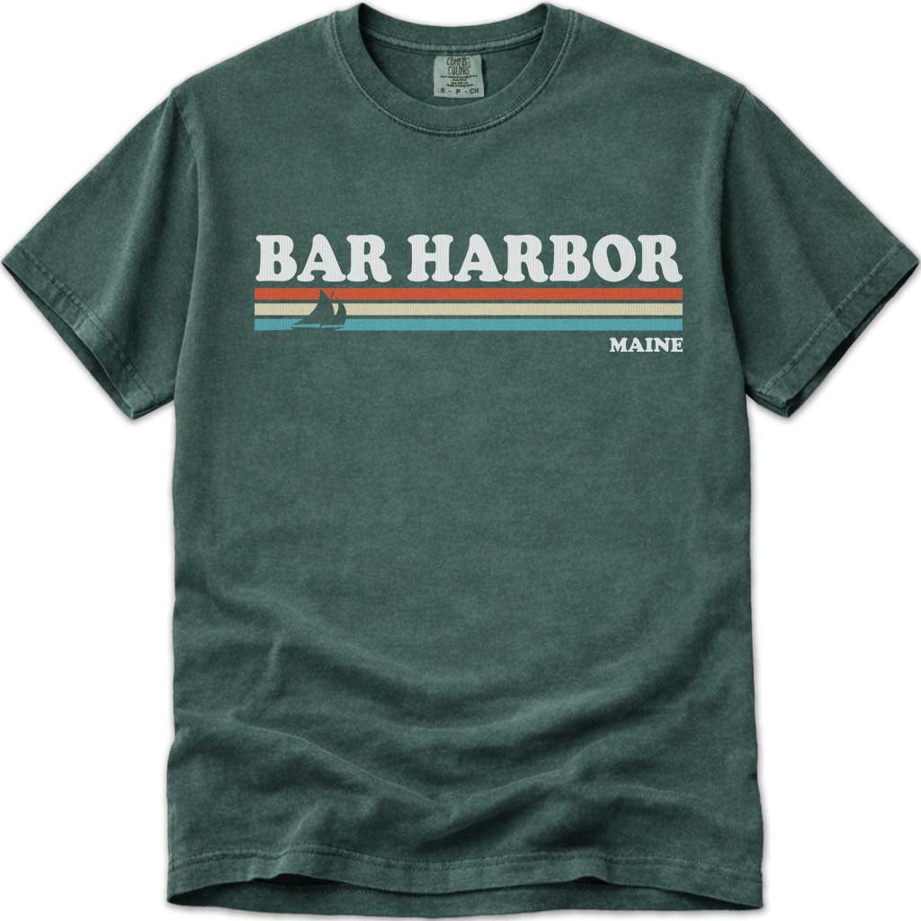 80s Retro Stripes Vintage Bar Harbor Maine T Shirt - Blue Spruce