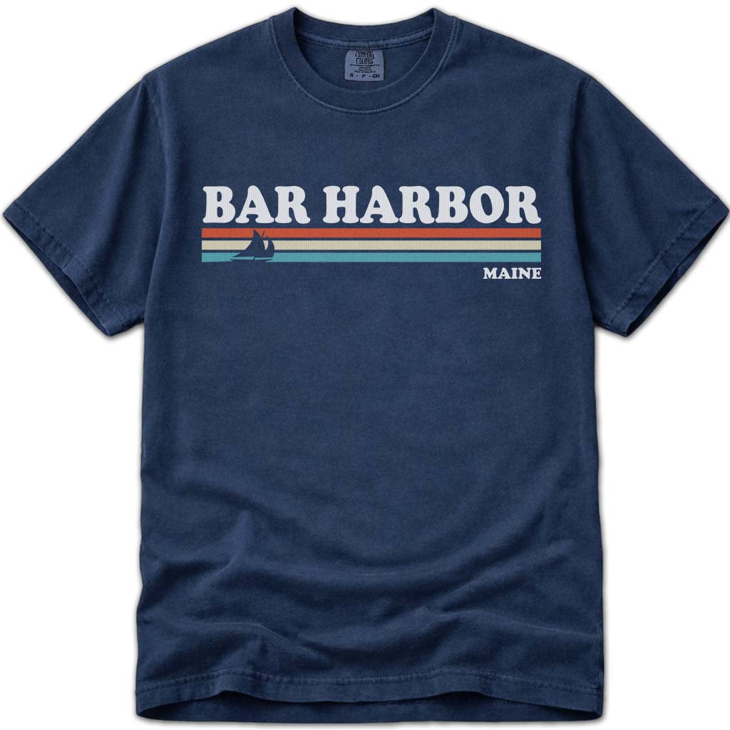 80s Retro Stripes Vintage Bar Harbor Maine T Shirt - Navy