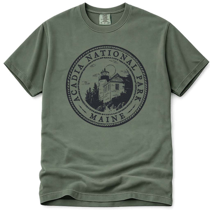 Acadia National Park Maine Bass Harbor Lighthouse T Shirt - Moss