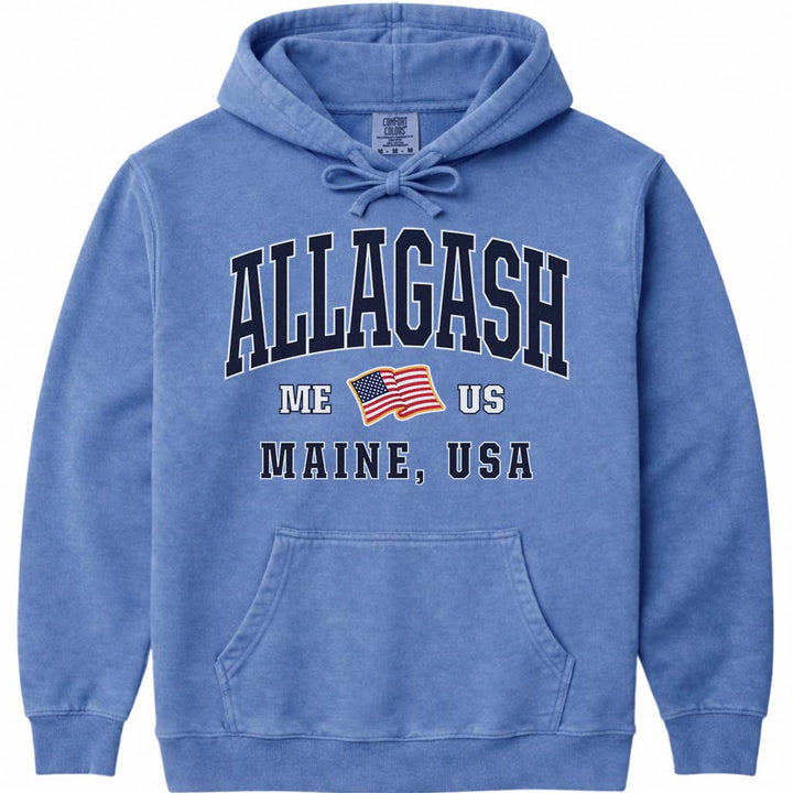 Allagash Maine USA Flag Hoodie - Flo Blue