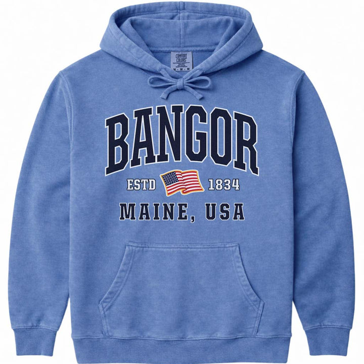Bangor Maine USA Flag Hooded Sweatshirt - Flo Blue