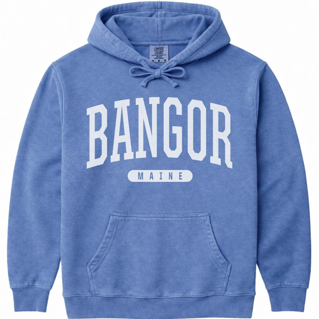 Bangor Maine Block Letter Hoodie Sweatshirt - Flo Blue