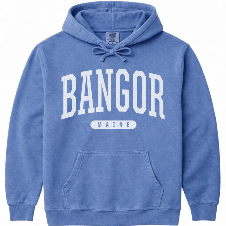 Bangor Maine Block Letter Hoodie Sweatshirt - Flo Blue