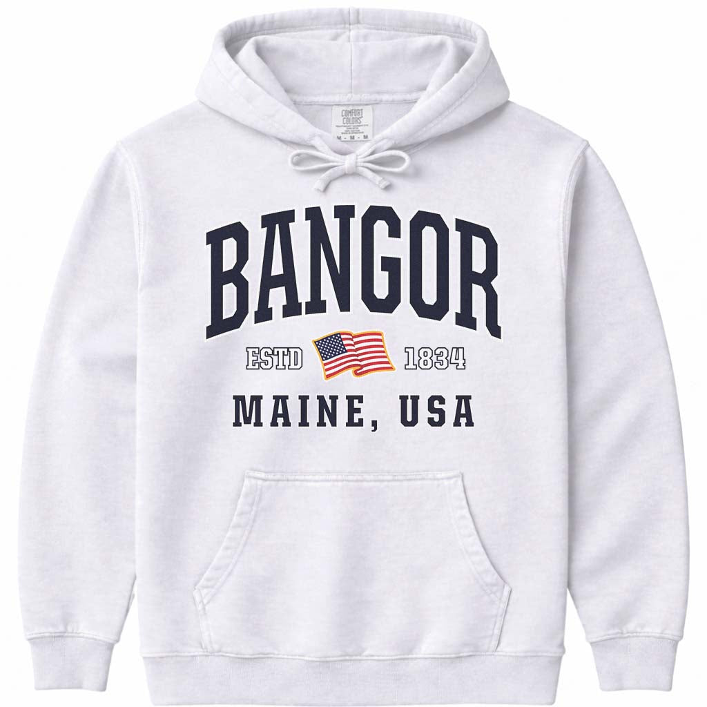 Bangor Maine USA Flag Hooded Sweatshirt - White