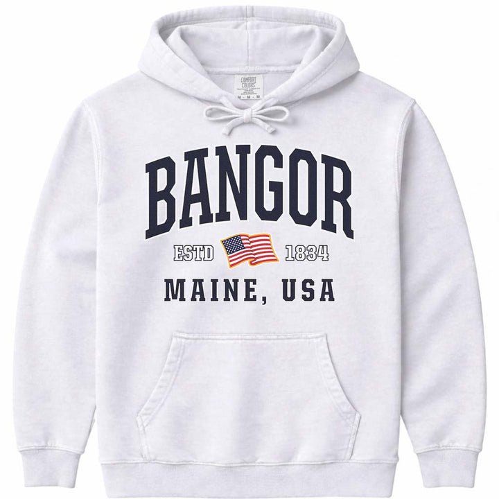 Bangor Maine USA Flag Hooded Sweatshirt - White