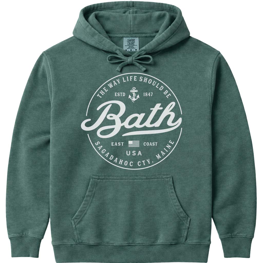 Bath Maine Travel Logo Hoodie Sweatshirt - Blue Spruce