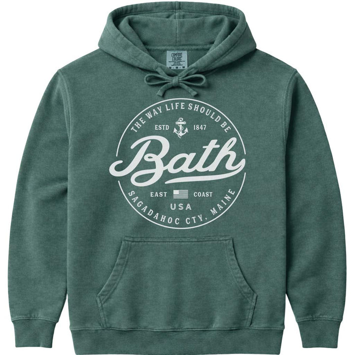 Bath Maine Travel Logo Hoodie Sweatshirt - Blue Spruce