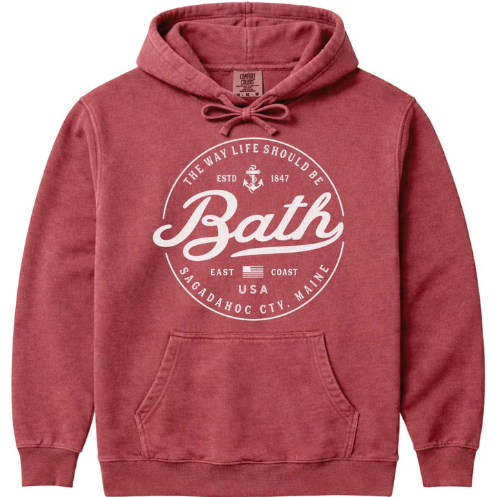 Bath Maine Travel Logo Hoodie Sweatshirt - Crimson