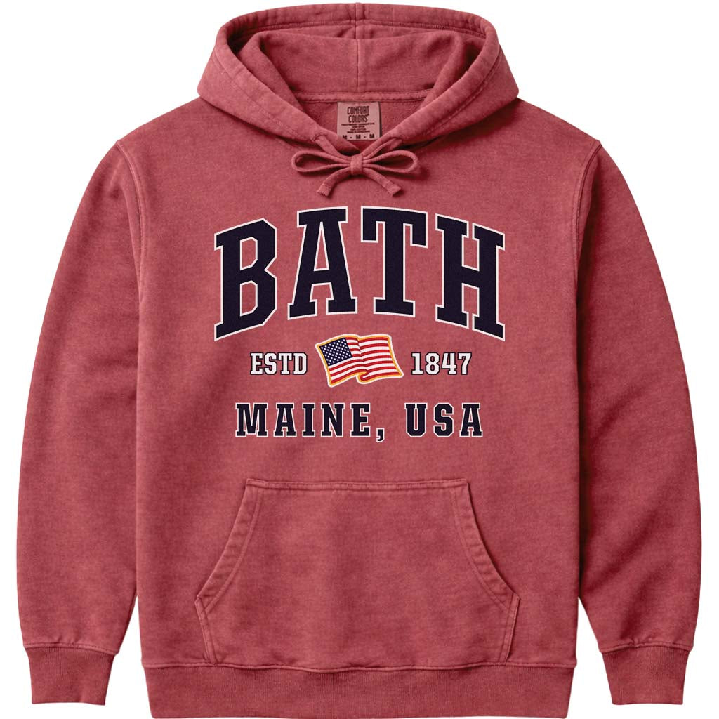 Bath Maine USA Flag Hoodie Sweatshirt - Crimson