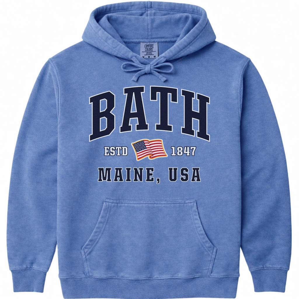 Bath Maine USA Flag Hoodie Sweatshirt - Flo Blue