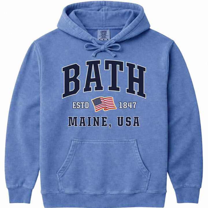 Bath Maine USA Flag Hoodie Sweatshirt - Flo Blue