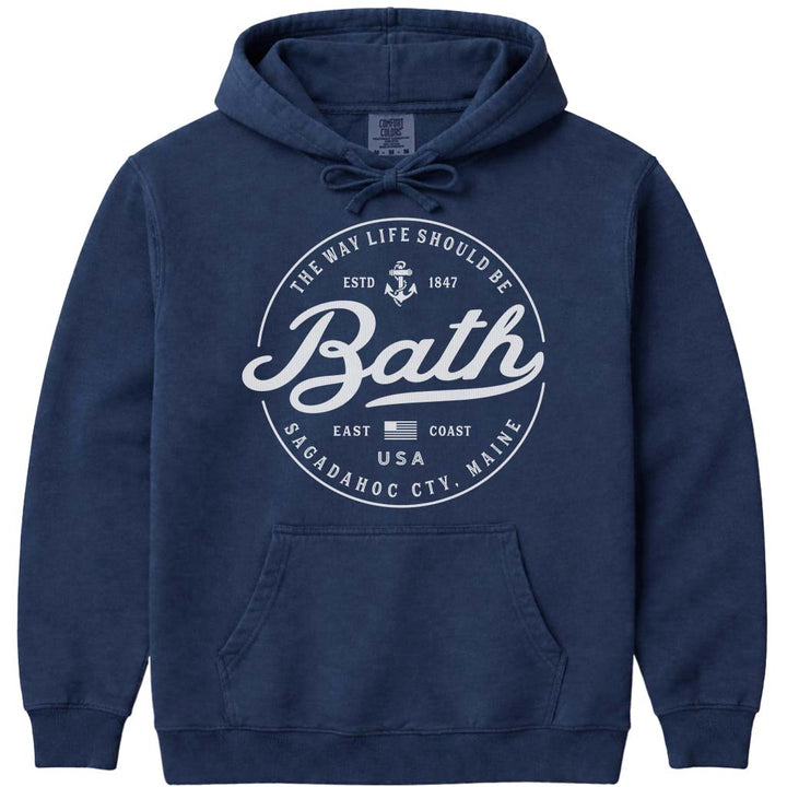Bath Maine Travel Logo Hoodie Sweatshirt - Navy