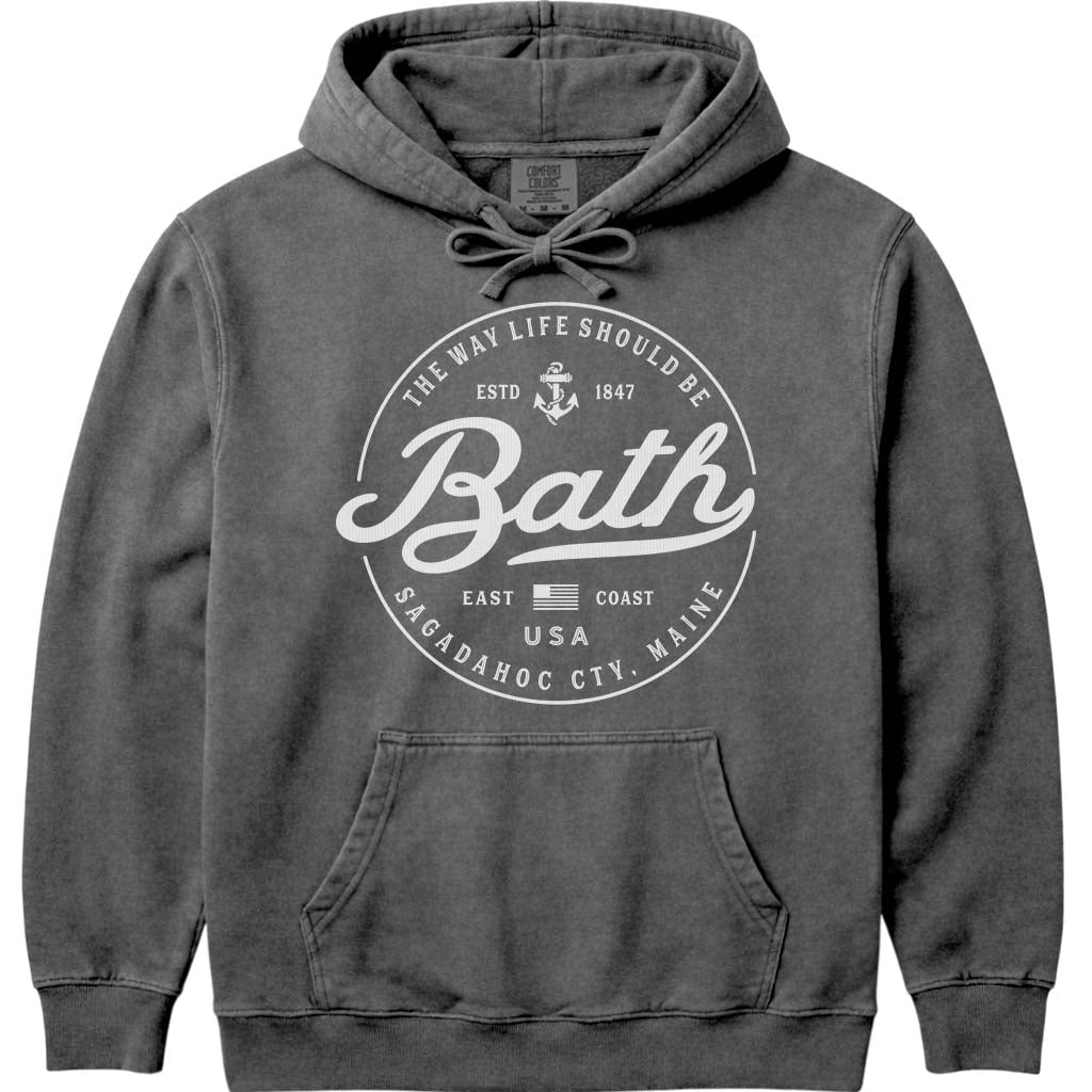 Bath Maine Travel Logo Hoodie Sweatshirt - Pepper