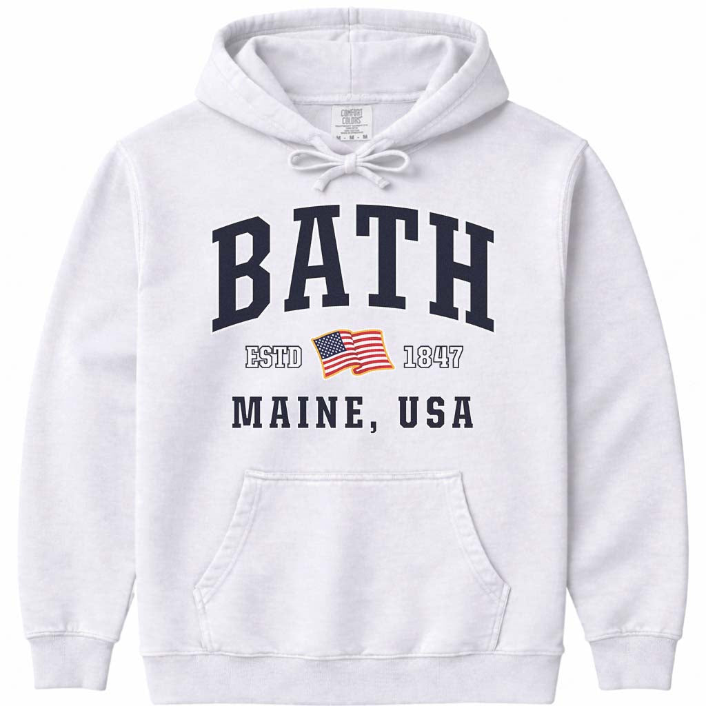 Bath Maine USA Flag Hoodie Sweatshirt - White