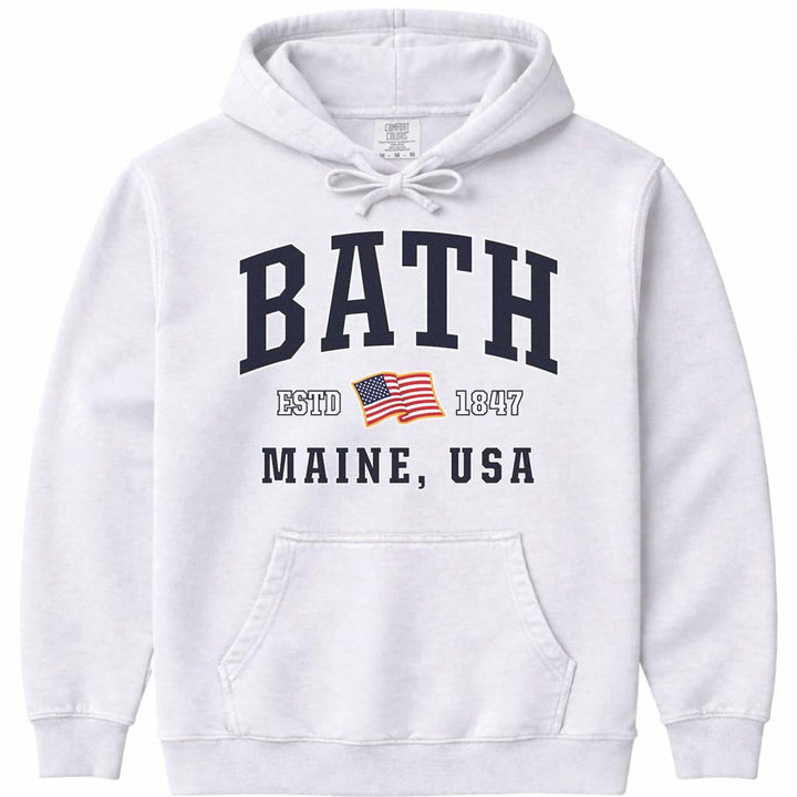 Bath Maine USA Flag Hoodie Sweatshirt - White