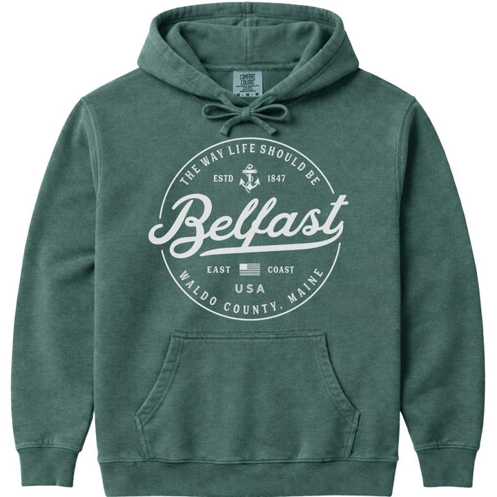 Belfast Maine Vacation Logo Hoodie - Blue Spruce