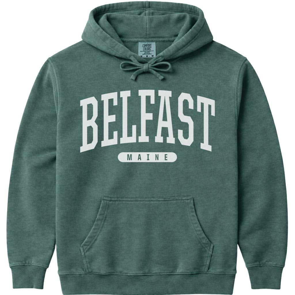 Vintage College Belfast Maine Hooded Sweatshirt - Blue Spruce