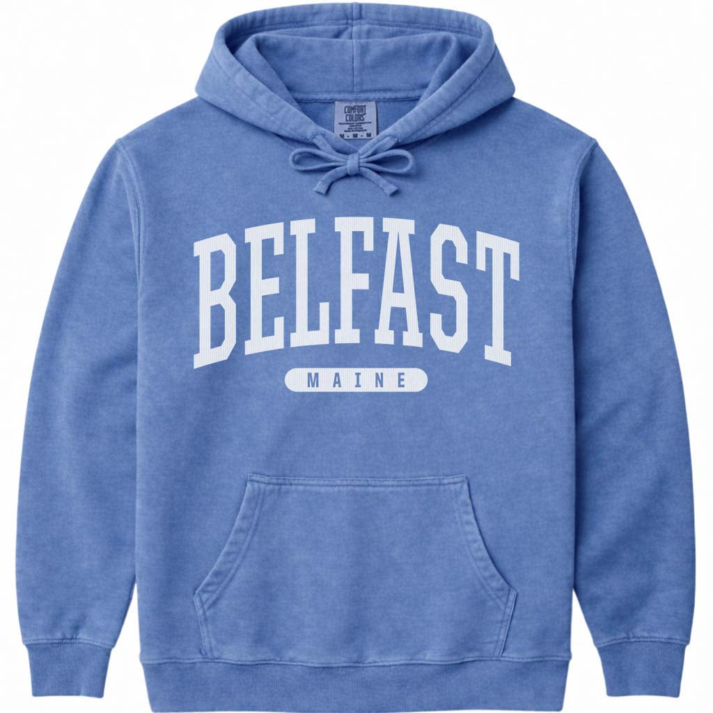 Vintage College Belfast Maine Hooded Sweatshirt - Flo Blue