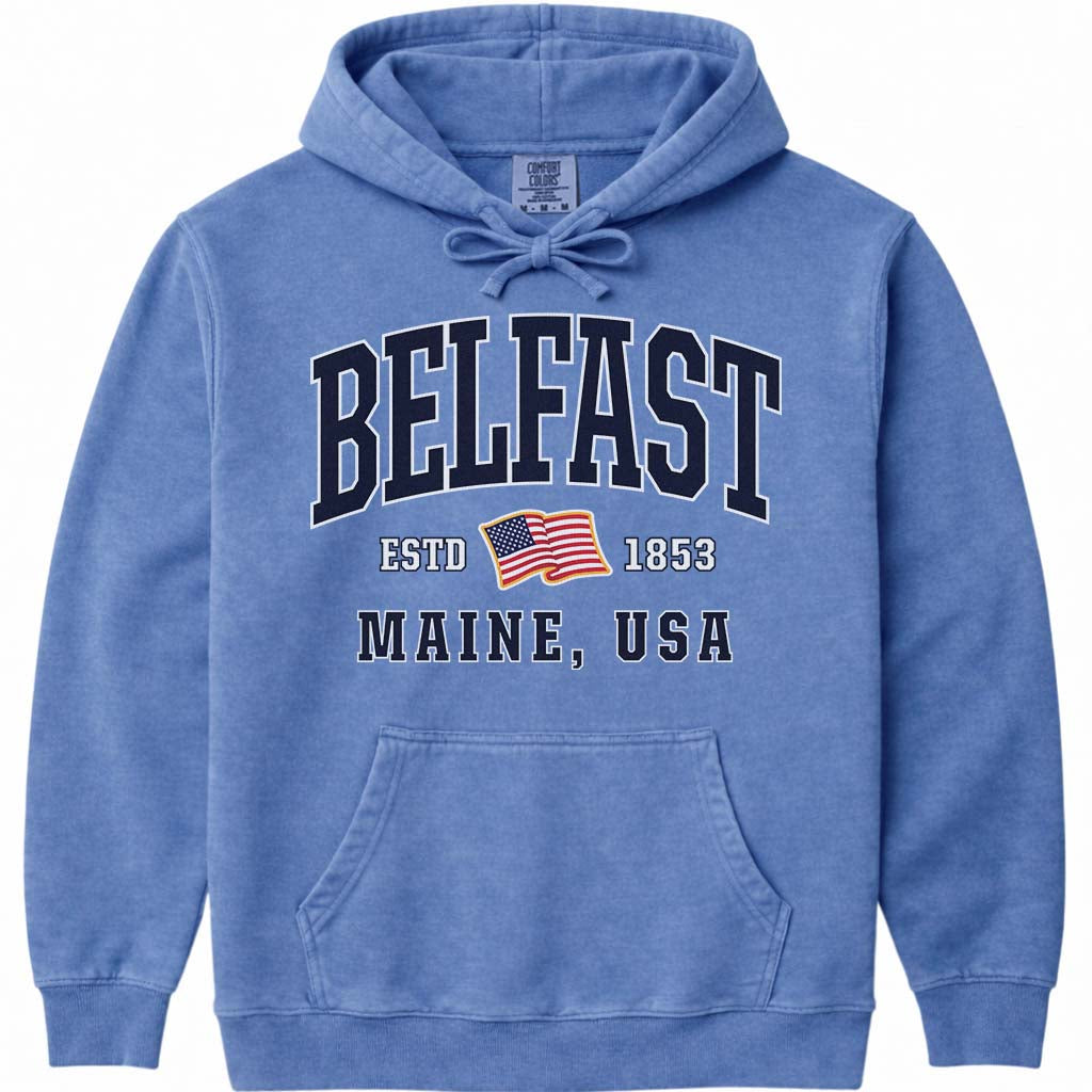 Belfast Maine USA Flag Sweatshirt - Flo Blue