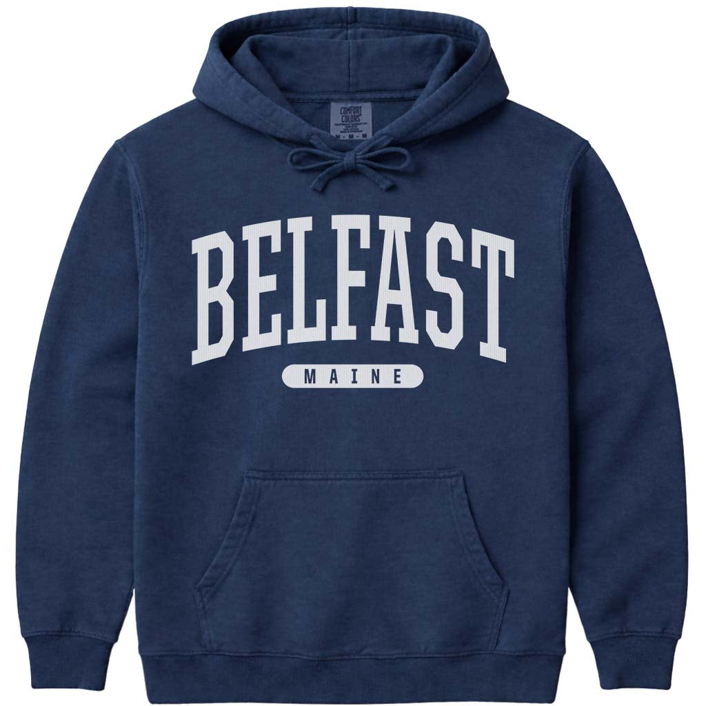 Vintage College Belfast Maine Hooded Sweatshirt - Navy