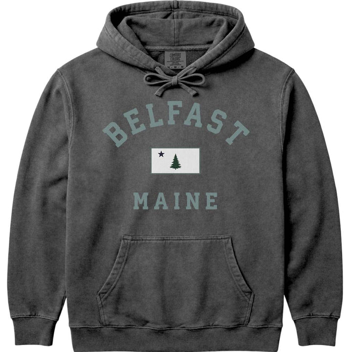 Belfast Maine Arched Flag Hooded Sweatshirt - Pepper