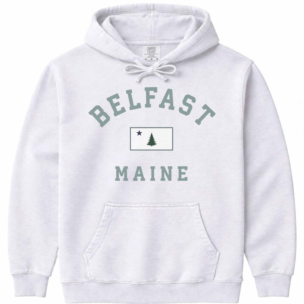 Belfast Maine Arched Flag Hooded Sweatshirt - White