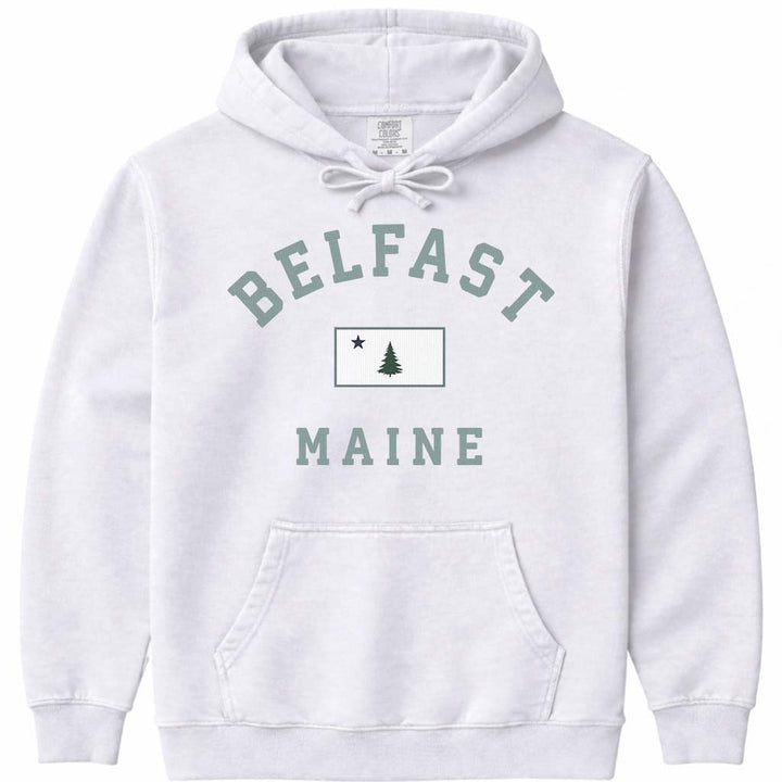 Belfast Maine Arched Flag Hooded Sweatshirt - White