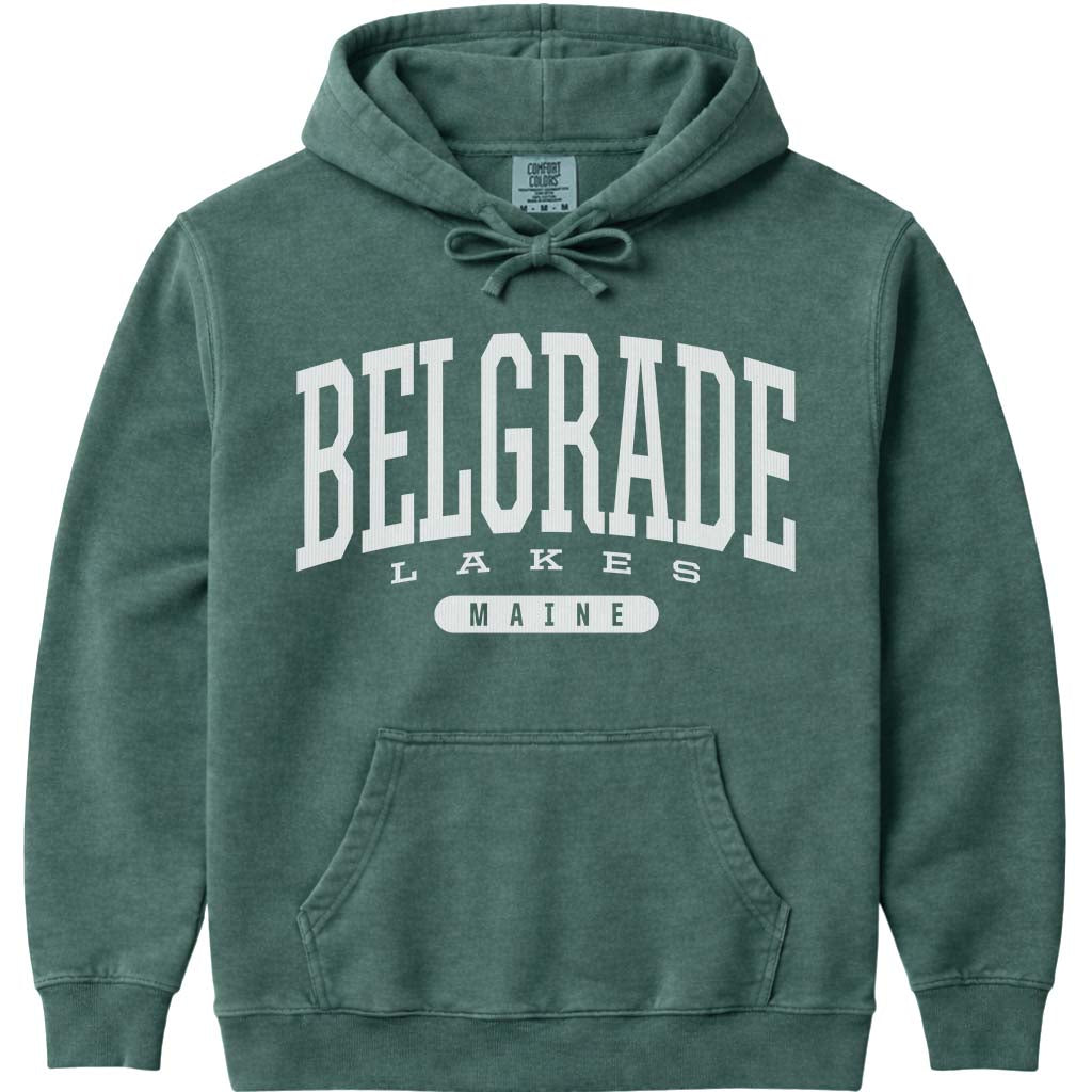 Vintage College Belgrade Lakes Maine Hoodie Sweatshirt - Blue Spruce