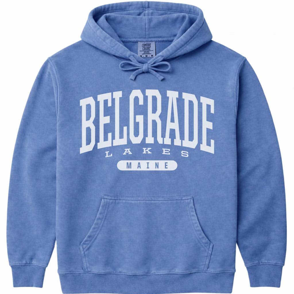 Vintage College Belgrade Lakes Maine Hoodie Sweatshirt - Flo Blue