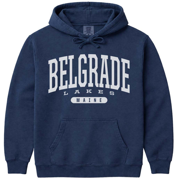 Vintage College Belgrade Lakes Maine Hoodie Sweatshirt - Navy
