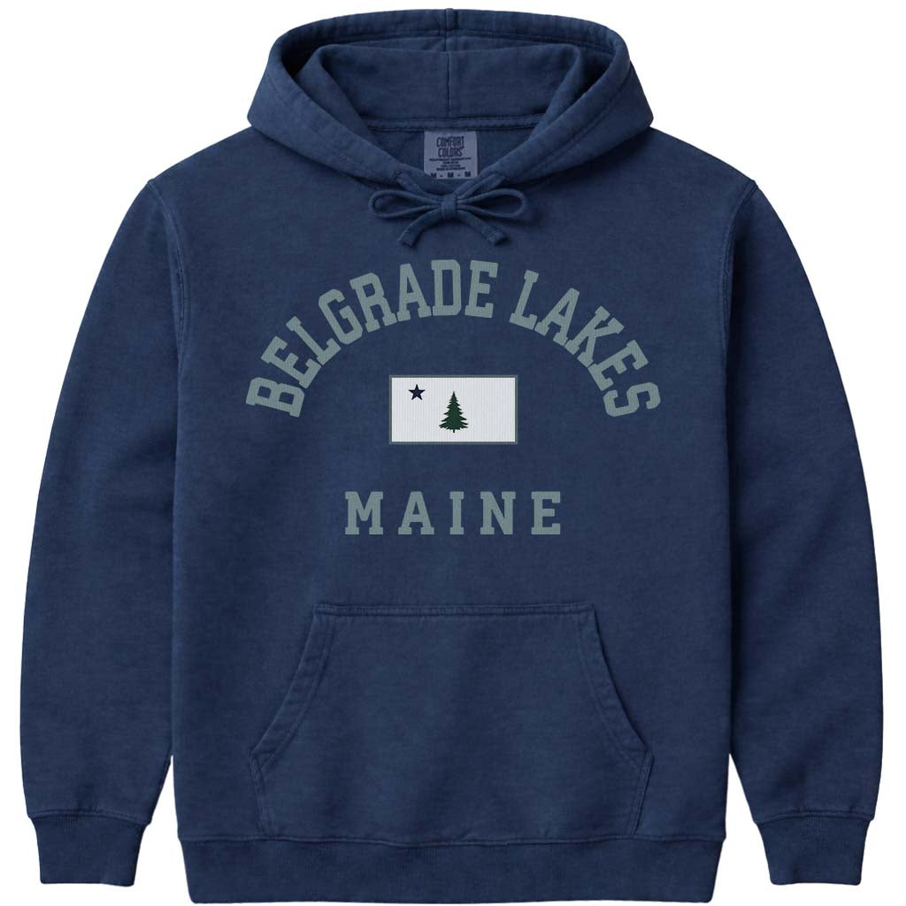 Belgrade Lakes Maine Vintage Flag Hoodie - Navy