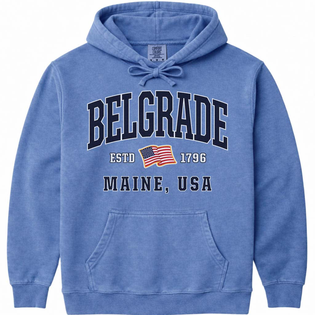 USA Flag Belgrade Maine Hooded Sweatshirt - Flo Blue