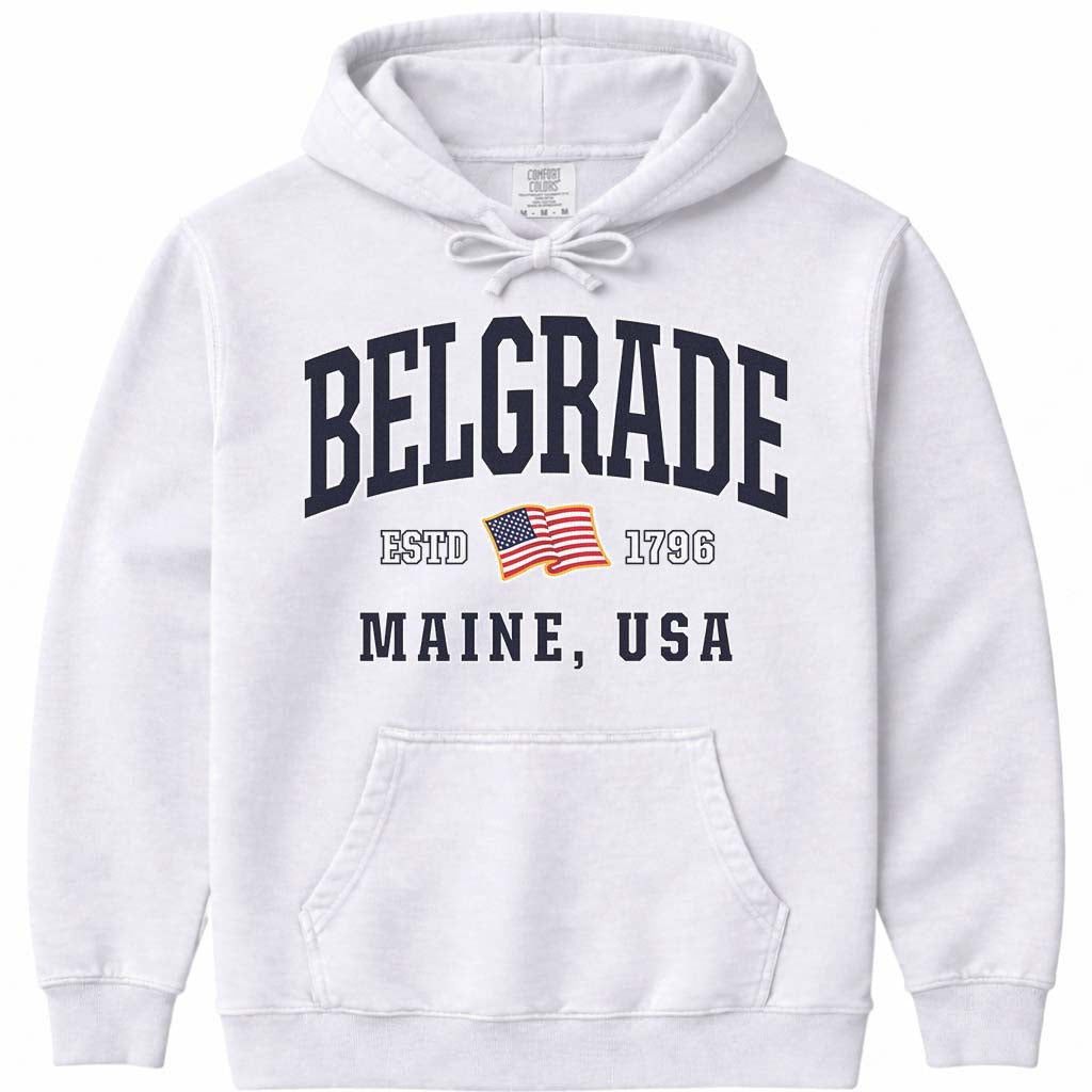 USA Flag Belgrade Maine Hooded Sweatshirt - White