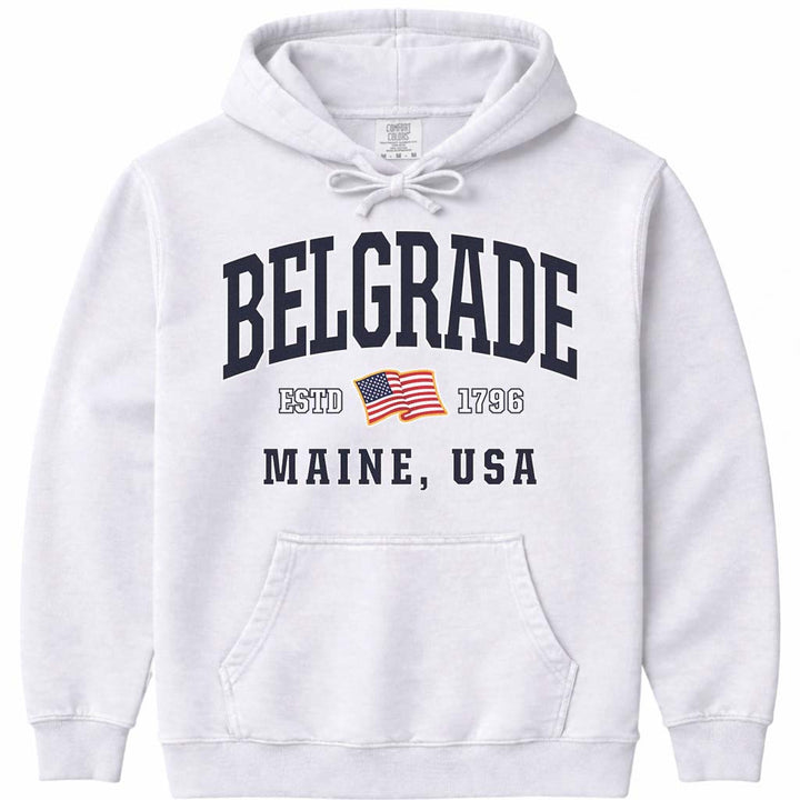 USA Flag Belgrade Maine Hooded Sweatshirt - White