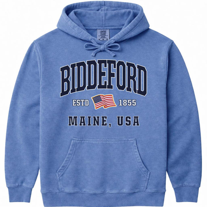USA Flag Biddeford Maine Hooded Sweatshirt - Flo Blue
