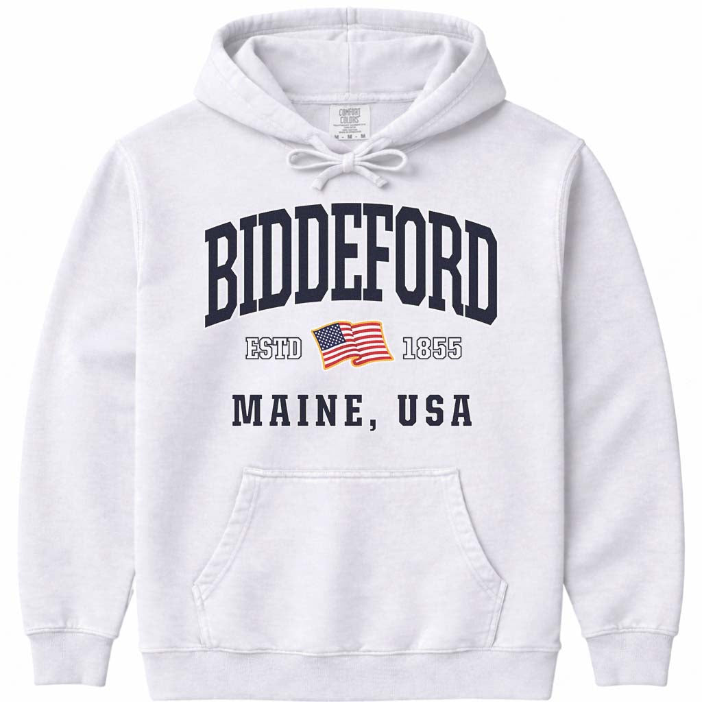 USA Flag Biddeford Maine Hooded Sweatshirt - White