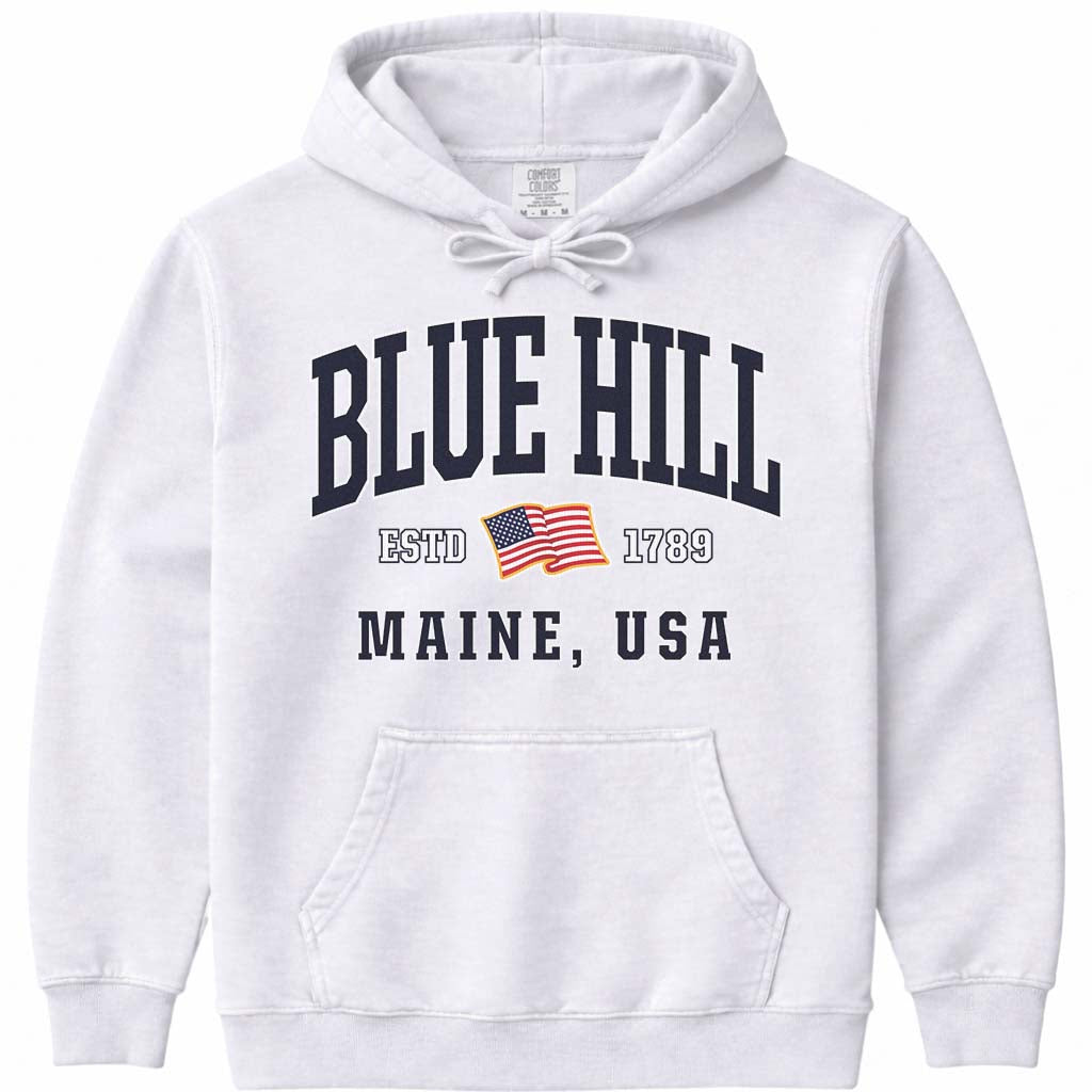 Blue Hill Maine USA Flag Hoodie - White