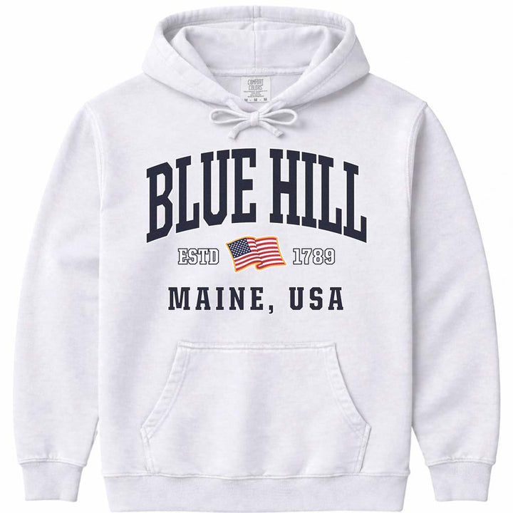 Blue Hill Maine USA Flag Hoodie - White