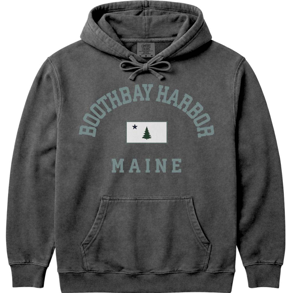 Boothbay Harbor Maine Flag Hooded Sweatshirt - Pepper