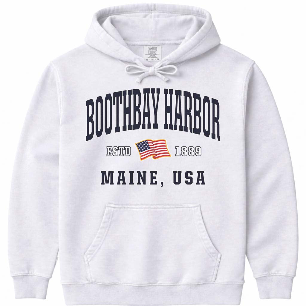 Boothbay Harbor USA Flag Hoodie - White