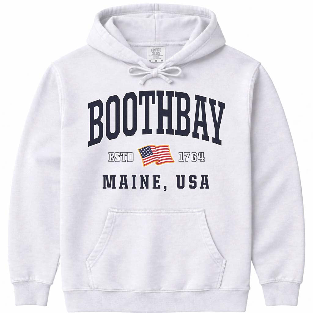 Boothbay Maine USA Flag Hoodie Sweatshirt - White